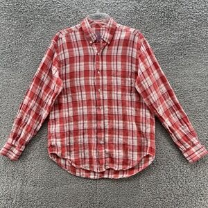 J McLaughlin Shirt Men Medium Red White Plaid Linen Breathable Button Down